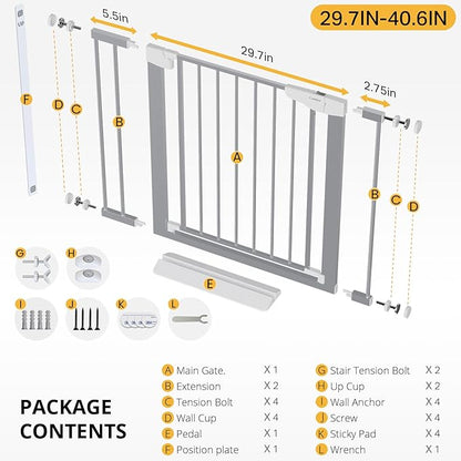 Cumbor 29.7-40.6" Baby Gate for Stairs, Mom's Choice Awards Winner-Dog Gates for Doorways, Pressure Mounted Auto-Close Pet Gates for Dogs Indoor, Safety Child Gate with Easy Walk Thru Door, Gray