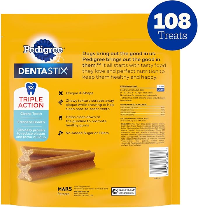 Pedigree Dentastix Dental Chews for Dogs, Small and Toy Breed Dog Treats, Original with Real Chicken, 1.63 lb. Bag (108 Treats Total)