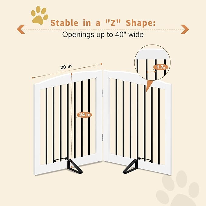 PUPETPO Freestanding Pet Gate for Dogs, Foldable Wooden Dog Gate for House, Indoor Pet Barrier for Stairs, Doorways, Support Feet Included, 24" Height 2 Panels, White