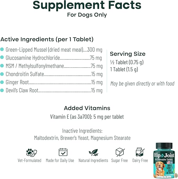 Natureflow Hip & Joint Supplement for Dogs, 300mg Green-Lipped Mussel for Dog Arthritis Pain Relief, Glucosamine, MSM & Chondroitin, Zero Sugar, Large Medium Small Breeds, 200 Chewable Tablets