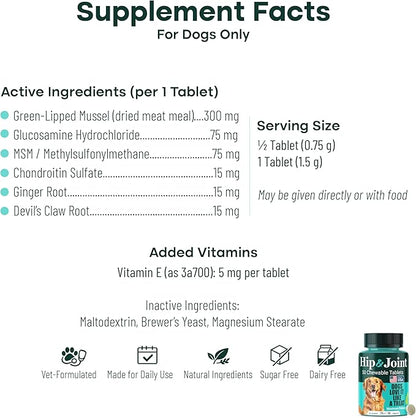 Natureflow Hip & Joint Supplement for Dogs, 300mg Green-Lipped Mussel for Dog Arthritis Pain Relief, Glucosamine, MSM & Chondroitin, Zero Sugar, Large Medium Small Breeds, 200 Chewable Tablets