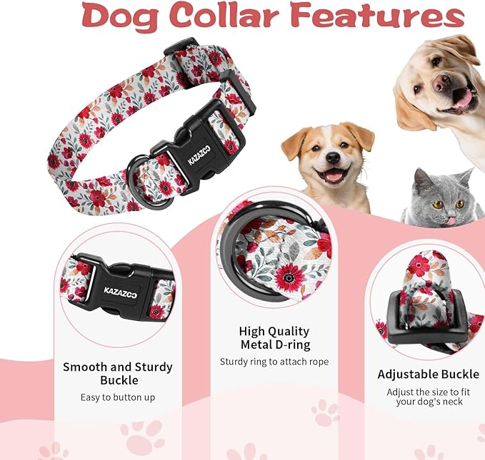 Kazazoo Dog Collar Cute and Soft Nylon Puppy Collar for Boy and Girl, Adjustable Dog Collars for Small Medium Dogs, Red Flowers-XS