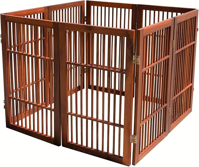 Urnporium Pet Dog Gate Freestanding, Strong Durable Folding Wooden Fence, Portable Acacia Hardwood Safety Barrier for Indoor & Outdoor Use (Brown Pet Gate, 8 Panel 30" Tall)