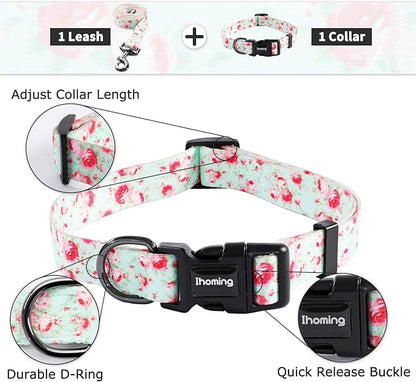 Ihoming Dog Collar and Leash Set for Daily Outdoor Walking Running Training, Floral GreenLake Design for Medium Boys Girls Dogs Cats Pets, M-Up to 45LBS