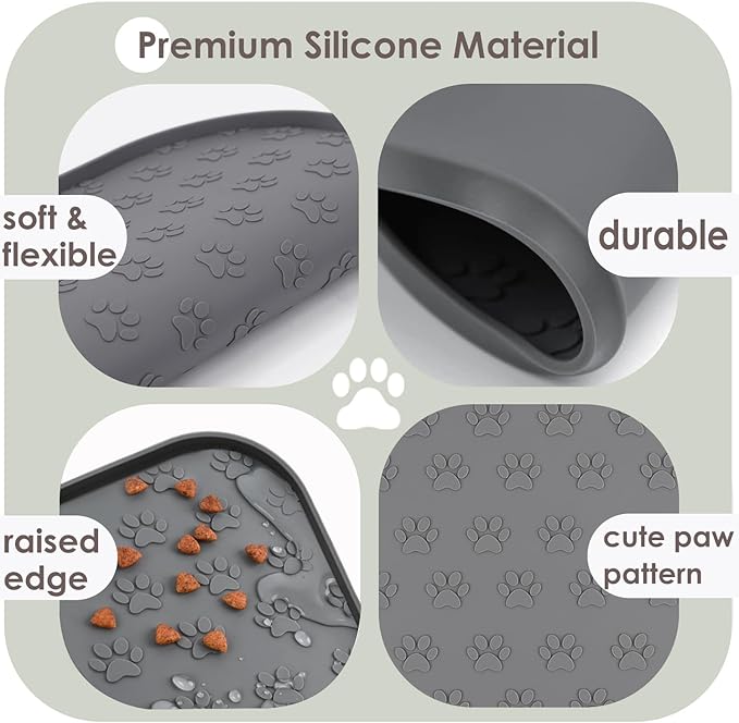 2 Pack Pet Feeding Mats, Waterproof Anti-Slip Placemats for Dog Cat Bowl Silicone Pet Food Mat, Raised Edge Prevent Spills on Floor & Carpet, Dishwasher Safe (2 Gray, 11" x 11")