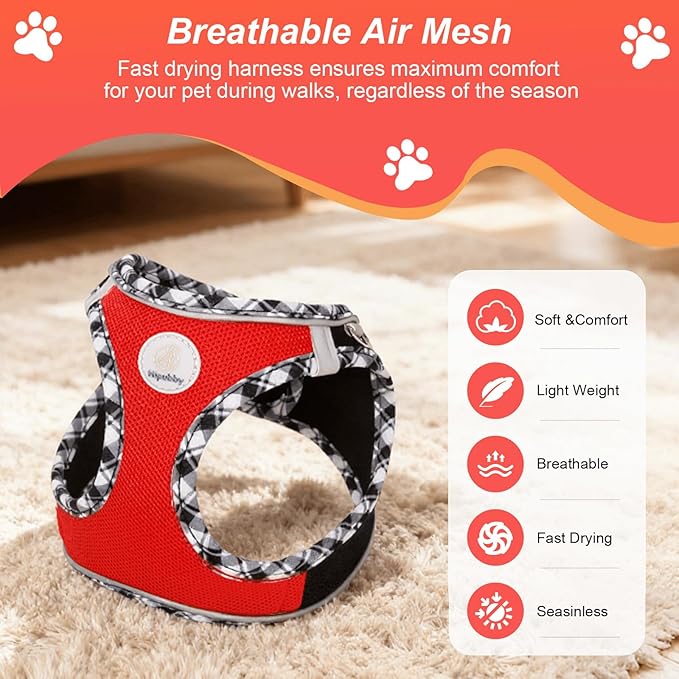 Hipubby Dog Harness Small Sized and Leash Set, No Pull Soft Mesh Puppy Vest, Reflective Breathable Lightweight Pet Harness, Harness for Small Medium Dogs and Cats - Black Red, L
