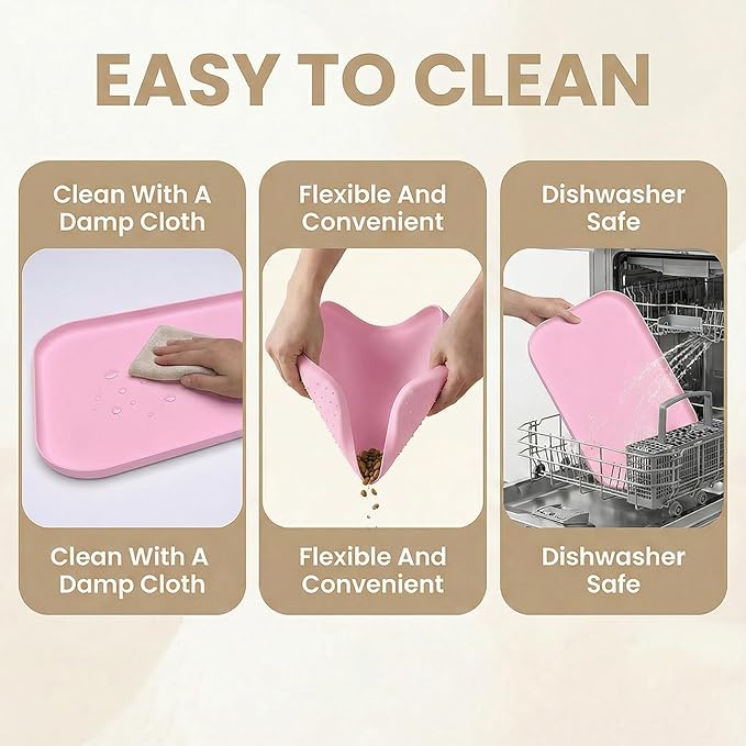 BLESWIN Non-Slip Silicone Dog Food Mat for Food and Water, 18" x 12" Raised Edge Pet Feeding Mat - Waterproof Dog Bowl Mat Easy Clean for Floor Protector,Pink