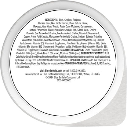 Blue Buffalo Delights Natural Adult Small Breed Wet Dog Food Cups, Pate Style, Porterhouse Flavor in Savory Juice 3.5-oz (Pack of 12)