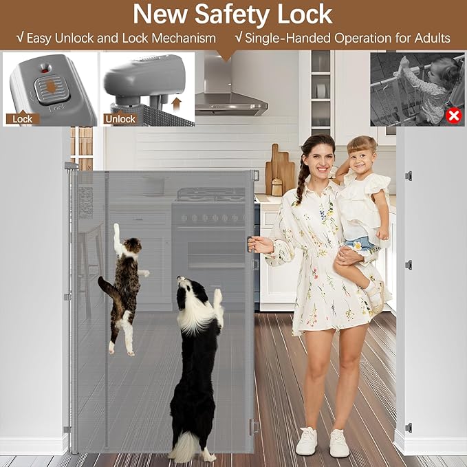 Reinforced 55" Extra Tall Dog Gates Indoor Cat Gate for Hallway - Prevents Jumping & Crawling Through, 55" Wide Retractable Gate, Mesh Pet Gates for Doorways Extra Tall Baby Gate for Cats, Gray