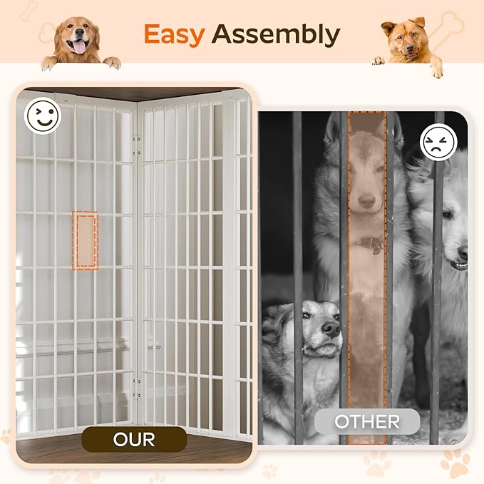 YATINEY Foldable Dog Crate Furniture, Dog Crate with DIY Frame, Heavy Duty Dog Kennel Indoor with Hooks, Wooden Dog Cage End Table, for Small/Medium Dogs, White and Walnut DC95WH