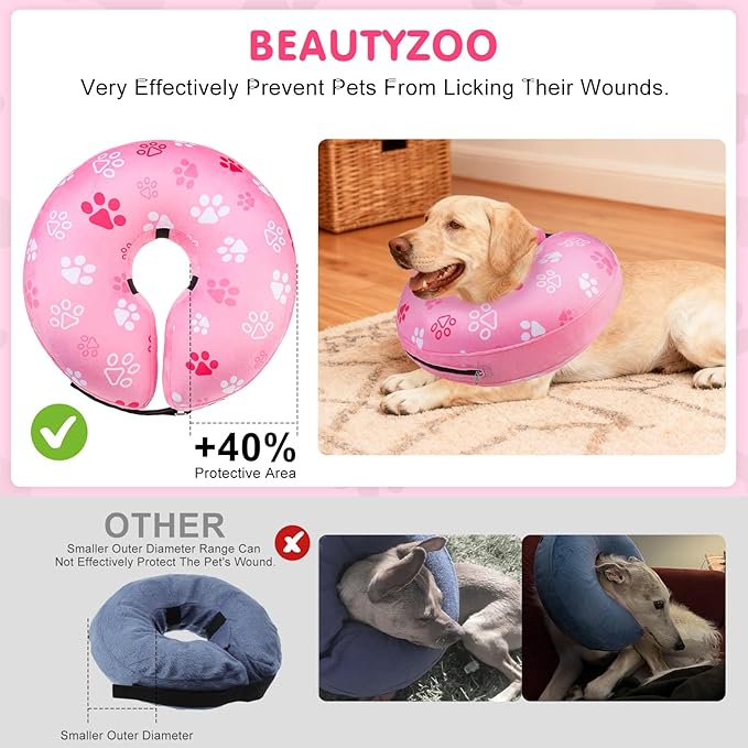 BEAUTYZOO Dog Cone Alternative After Surgery for Large Medium Small Dogs, Soft Inflatable Cone Collar for Dogs Cats, Pet Neck Donut E Collar Dog Recovery Collars to Stop Licking, Paw Pink, M