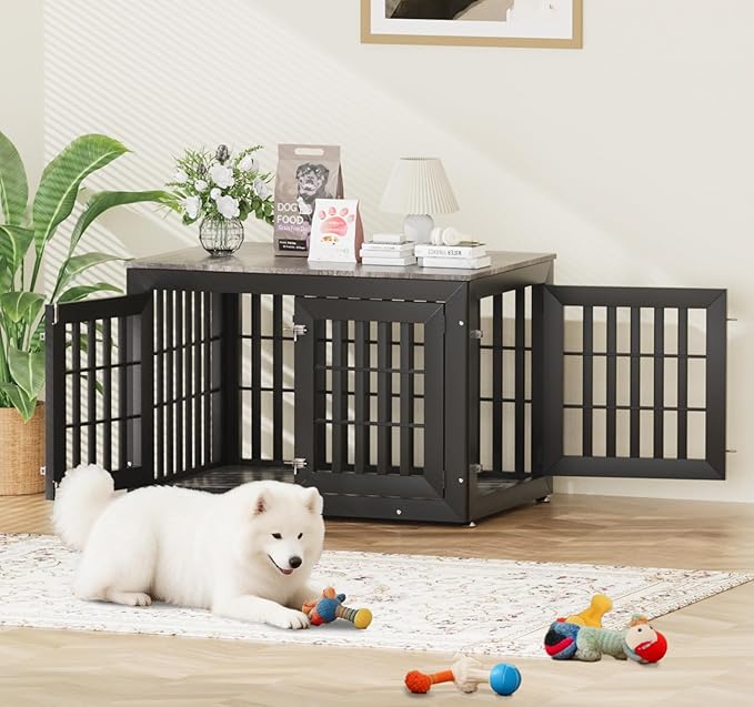 Snuowu 42" Heavy Duty Dog Crate Furniture for Small,Medium and Large Dogs,Rustic Wooden Dog Cage Kennel Indoor Furniture with Waterproof Top,Decorative Pet House Side End Table (Black & Grey)