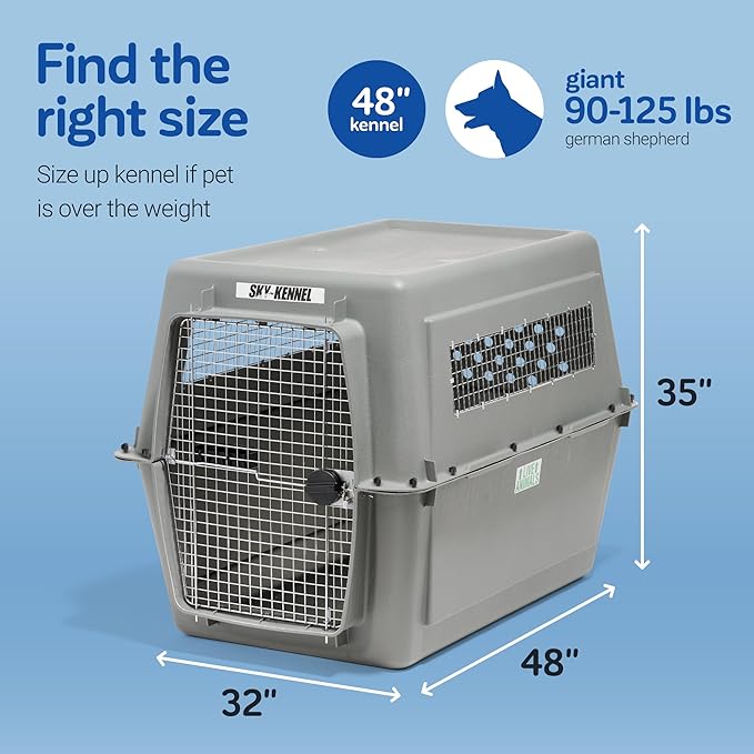 Petmate Sky Kennel IATA Airline Compliant Plastic Dog Crate For Air and Land Travel, Giant 48" L For Pets 90-125 lbs, Heavy Duty Dog Kennel, Made in the USA