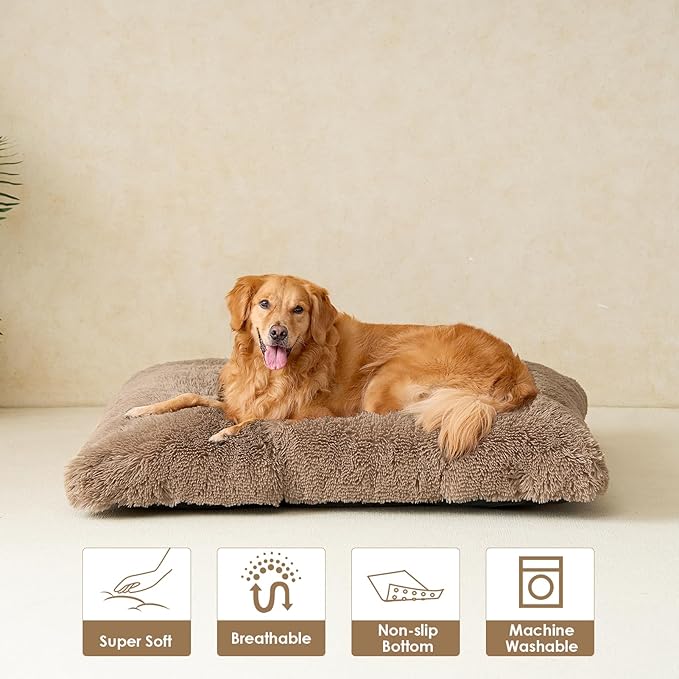 EHEYCIGA Fluffy Dog Crate Bed for Extra Large Dogs, Plush Faux Fur XLP Pad, Calming Anti Anxiety XL Plus Bed for Crate, Washable Soft Warm Dog Mat with Non-Slip Bottom, Camel