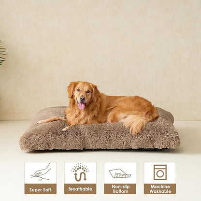 EHEYCIGA Fluffy Dog Crate Bed for Extra Large Dogs, Plush Faux Fur XLP Pad, Calming Anti Anxiety XL Plus Bed for Crate, Washable Soft Warm Dog Mat with Non-Slip Bottom, Camel