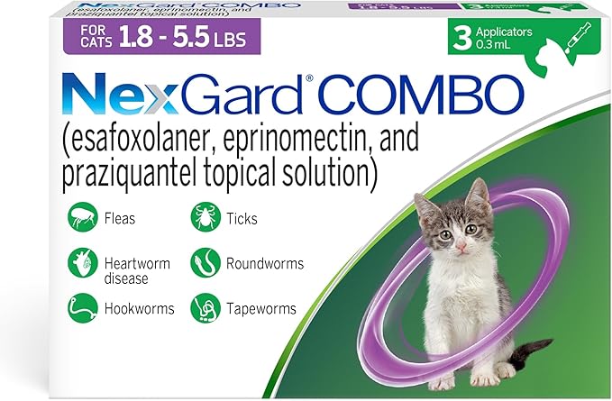 NexGard® Combo (esafoxolaner, eprinomectin, and praziquantel Topical Solution) Flea and Tick Protection Plus Heartworm Disease Preventive for Cats, 1.8-5.5 lbs. (Purple Box) 3 Doses (3 Month Supply)