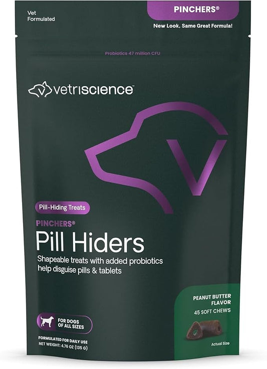 VetriScience Pinchers Pill Hiders Chews, Non-Greasy with Probiotics for Dogs, Disguise Small Capsules and Tablets, Soft and Chewy, Gut and Immune Support, Peanut Butter, 45 Count