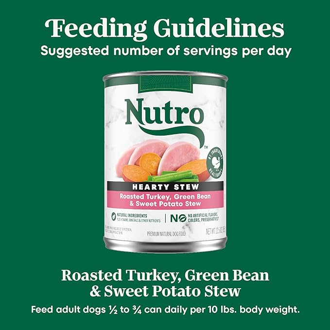 Nutro Hearty Stew Canned Wet Dog Food, Natural Grain Free Dog Food Wet Cuts in Gravy Roasted Turkey with Green Bean & Sweet Potato Stew, 12.5 oz. Cans (12 Count, Pack of 1)