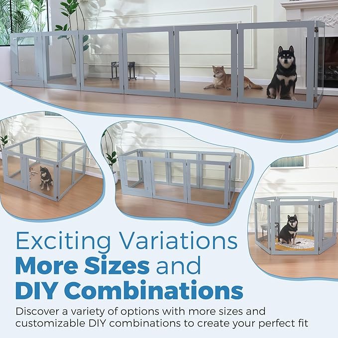 Heavy Duty Clear Acrylic Dog Playpen, 32" Height Transparent Pet Pen, Metal Frame Easy Assemble Kennel Enclosure, Ideal for Small to Medium Dogs, Cats, and Other Small Pets (Grey, 2 Panels)