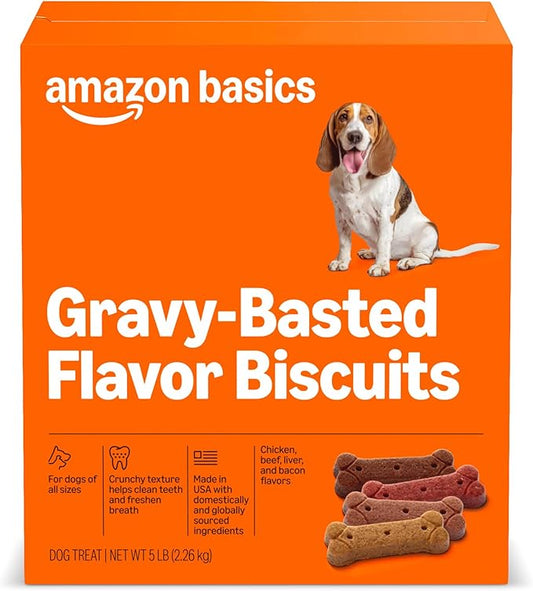 Amazon Basics Crunchy Dog Biscuits Gravy Basted Flavor Dog Treats 5 lb. Box
