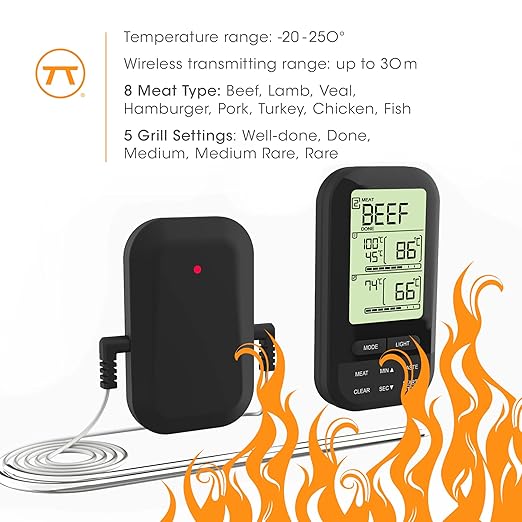 Outset Grill Thermometer, Digital Wireless BBQ Thermometer, Dual Probe