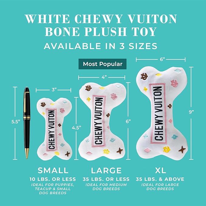 Haute Diggity Dog Chewy Vuiton Bone Plush Squeaky Dog Toy, Soft Durable Designer-Inspired Stuffed Puppy Chew Toys for Small & Medium Dogs, Machine-Washable (White) Large