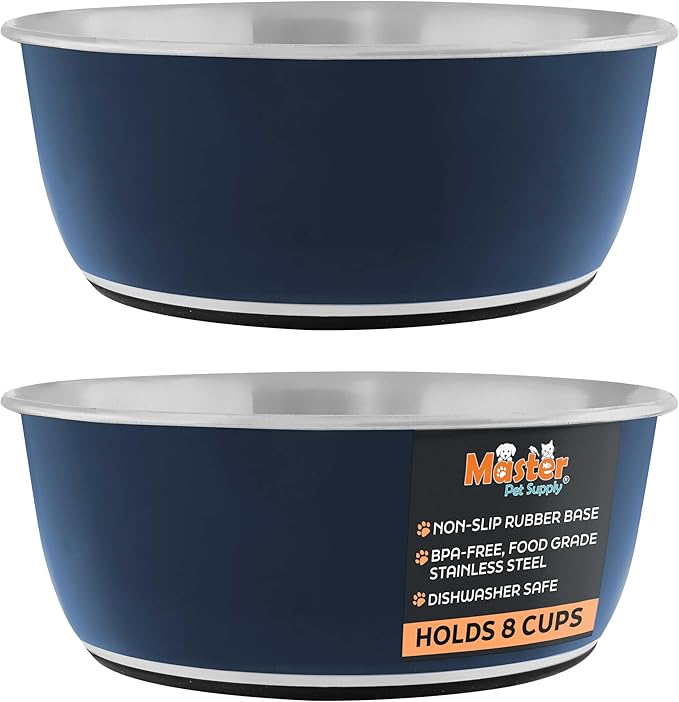 Master Pet Supply Stainless Steel Dog Bowls Set of 2 (64 Oz Each) with Non-Slip Rubber Base - Navy Blue - Basic Dog Food Bowl Water & Food Bowls for Small Medium Large Dogs & Cats, Metal Dish