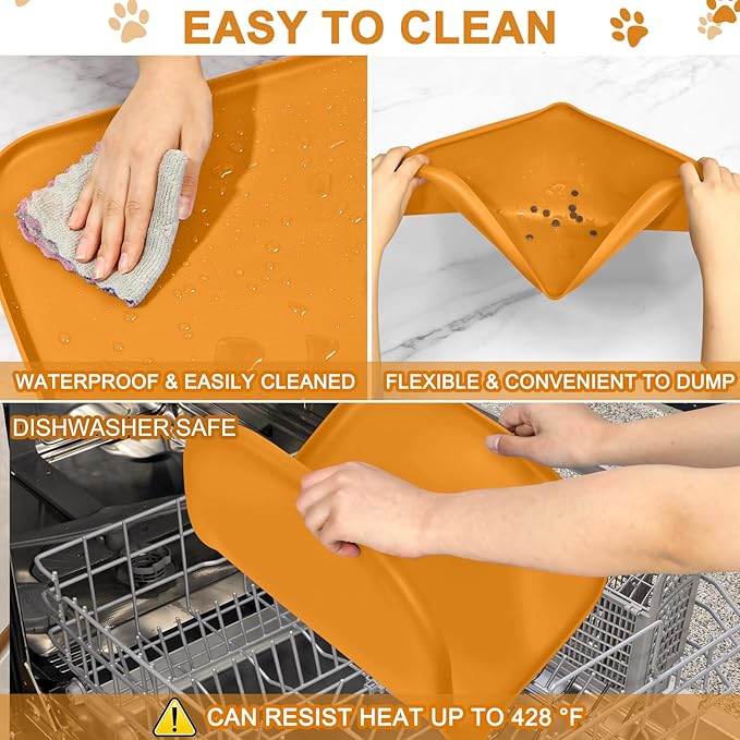 Smilool Silicone Pet Food Mat with Raised Edge for Food and Water Bowl, Dog Feeding Mats, Cat Food Trays for Floor Waterproof, Rubber Tray for Dogs and Cats, 19 x 12 x 0.7 Orange