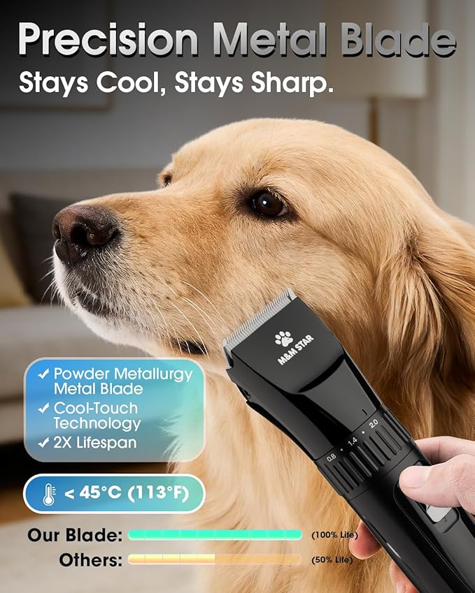 M&M STAR Dog Grooming Kit, Low Noise Dog Clippers, 2-Speed IPX7 Waterproof, Rechargeable Cordless Pet Hair Clippers Trimmer Shaver with LED Display for Small Large Dogs Cats, Black