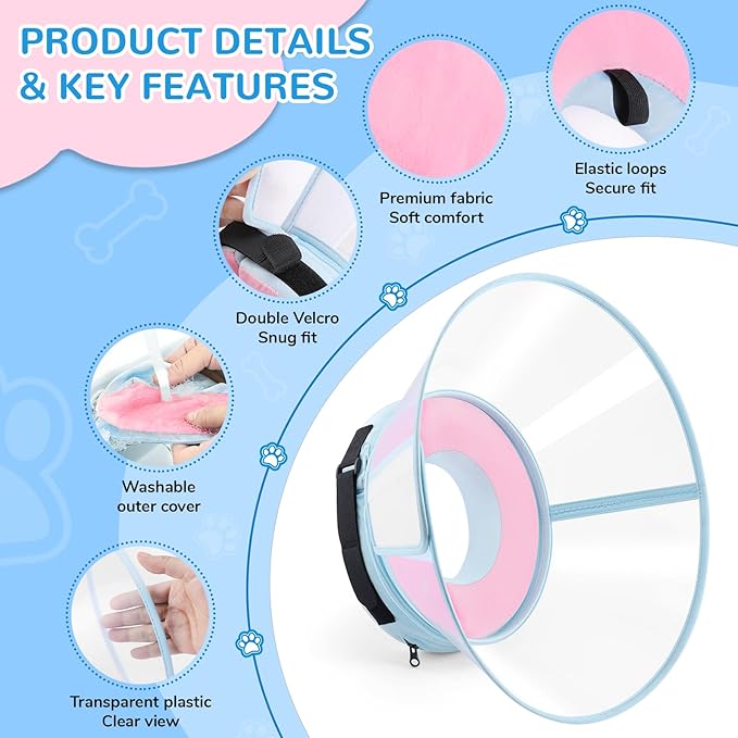 Sponge Core Dog Cone, Inflatable Dog Cone Collar Alternative, Dogs Donut Collar After Surgery, Soft Cone for Large Medium Small Dogs to Stop Licking, No Inflation Required, Clear View(Size 8, Pink)