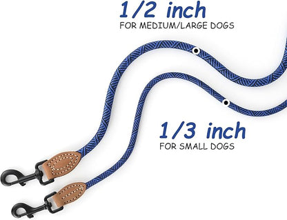 Mile High Life Small Dog Leash, Thin Rope Leash with Genuine Leather Connection and Heavy Duty Metal Clasp, Great for Small Medium Dogs(Blue,48 Inch-1/3)