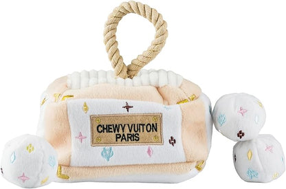 Haute Diggity Dog Chewy Vuiton Trunk Puzzle with 3 Plush Squeaky Dog Toys, Soft Durable Designer-Inspired Stuffed Puppy Chew Toys for Small & Medium Dogs, Machine-Washable (White) One Size
