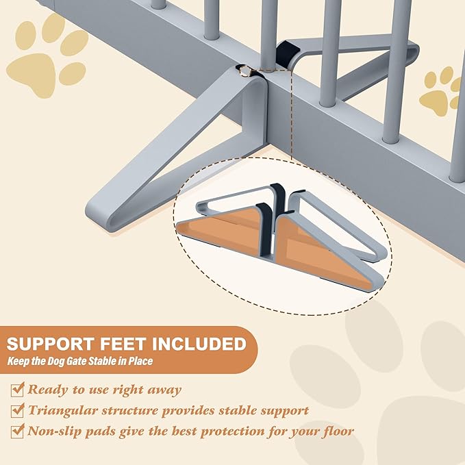 PUPETPO Freestanding Pet Gate for Dogs, Foldable Wooden Dog Gate for House, Indoor Pet Barrier for Stairs, Doorways, Support Feet Included, 24" Height 2 Panels, Grey