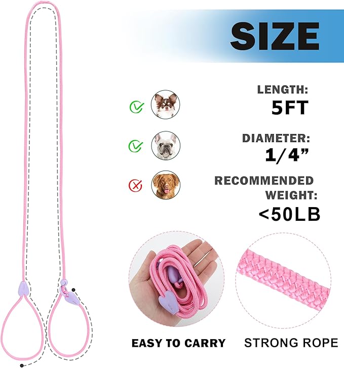 Slip Lead Dog Leash Slip Lead 5FT Dog Training Leash 9 Color Slip Leads for Dogs Dog Leashes for Medium Dogs No Pull Dog Leash(Pink)