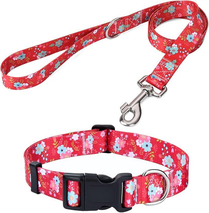 Mihqy Dog Collar and Leash Set with Bohemia Floral Tribal Geometric Patterns - Soft Ethnic Style Collar Adjustable for Small Medium Large Dogs(Red Floral Set,L)