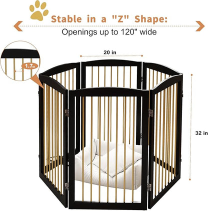 PUPETPO Freestanding Pet Gate for Dogs, Indoor Wooden Dog Gate for House, Extra Wide Foldable Dog Gate for Stair, Doorway, Hall, Support Feet Included, 120 Inch Wide, 6 Panels 32",Black&Gold