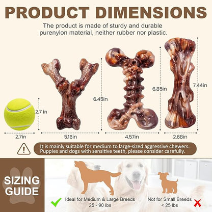 Kseroo Indestructible Dog Toys for Aggressive Chewers 3-Pack: Bacon Flavored Dog Chew Toys, Tough Dog Toys for Medium & Large Dogs (20-90lbs), Heavy Duty Nylon Dog Bone Toys to Keep Them Busy, Brown
