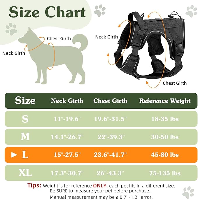 VavoPaw Heavy Duty Tactical Dog Harness for Large Dogs, No Pull Adjustable Pet Harness Reflective Service Training Easy Control Pet Vest Military K9 Working Dog Harnesses, Black, L