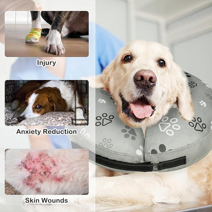 SCENEREAL Dog Cone Alternative After Surgery Donut Collar, Soft Pet Recovery Pillow Collar for Medium Large Dogs, Inflatable Adjustable Neck Collars to Prevent Licking, Grey Footprints M