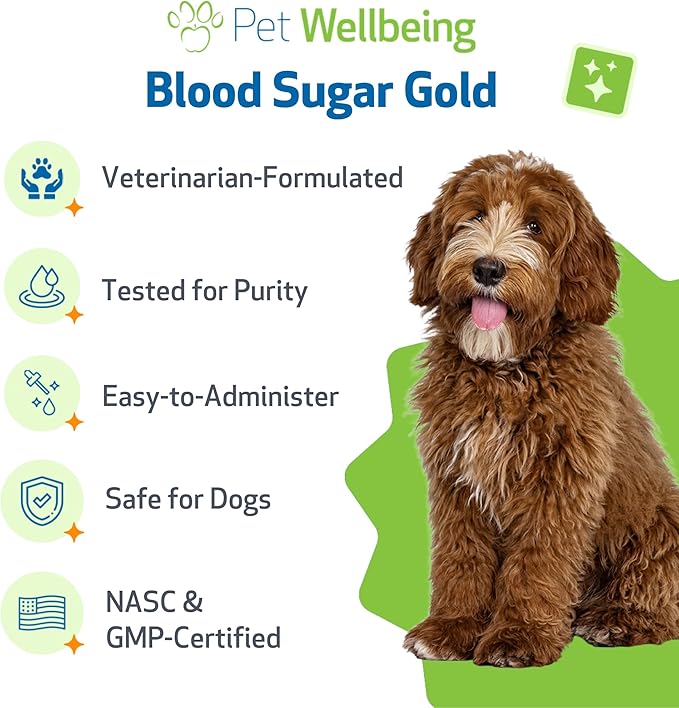 Pet Wellbeing Blood Sugar Gold Dogs - Holistic Support for Healthy Blood Sugar Levels, Insulin Stabilization & Normal Pancreatic Function - NASC Certified & Vet-Formulated - 4 oz Liquid
