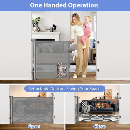 Retractable Baby Gates with Cat Door 80" Wide Retractable Dog Gate with Pet Door Outdoor Retractable Gate for Dogs Retractable Pet Gate with Door Mesh Baby Gate Retractable Mesh Dog Gate (Gray)