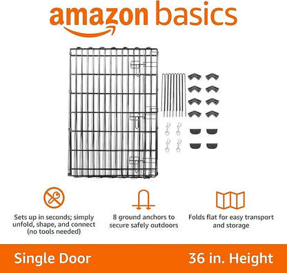 Amazon Basics Foldable Metal Exercise Dog Playpen, Indoor/Outdoor, Single Door, 8 Panels, 36 Inches, Medium, Black