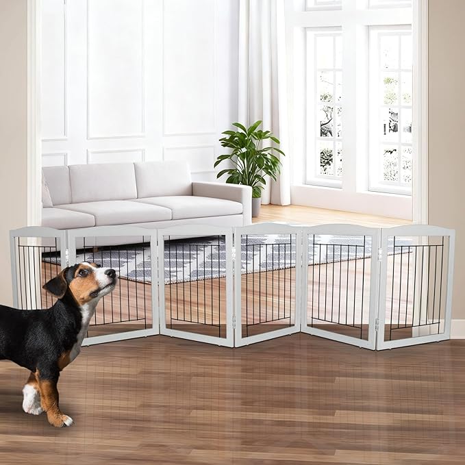 ZJSF Freestanding Foldable Dog Gate for House Extra Wide Wooden Grey Puppy Gate Stairs Dog Gates Doorways Tall Pet Gate 24" Height 6 Panels Pet Fence