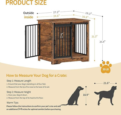 Hzuaneri 27.2" Dog Crate Furniture with Barn Door, Heavy Duty Dog Kennel Indoor with 2 Doors, Wooden Pet Cage End Table for Small Medium Dogs up to 22 lb, Anti-Chew Anti-Escape, Rustic Brown DFC84301B