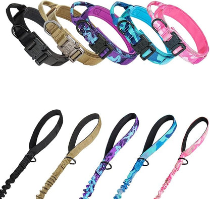 Hotsky Tactical Dog Collar and Leash Set, Heavy Duty Military Airtag Dog Collar with Handle and Metal Buckle for Training and Walking, with Airtag Holder and Two Patches (Pink Camo, L)