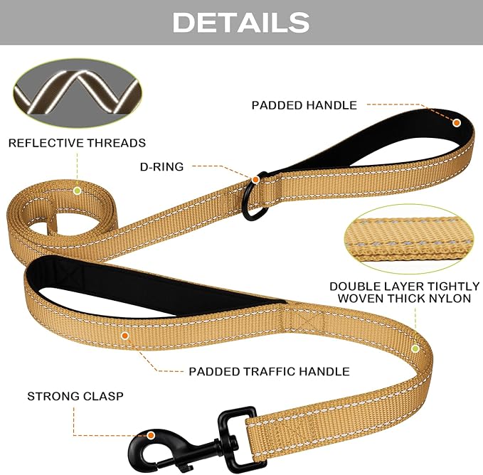 Joytale Dog Leash Heavy Duty for Large Dogs that Pull, Double Handle for Traffic Control, Double-Sided Reflective Leashes for Large Medium Dogs Night Safety, 4FT, Khaki