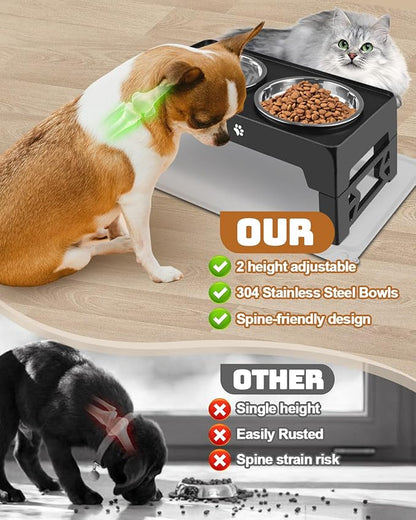 Jovrun Elevated Dog Bowls for Small Dogs and Cats with Mat, Non-Slip Cat Bowls with 2 Thick 5.5" Stainless Steel Dishes, Dog Feeder 2 Heights Adjustable to 2.6"-5.3"