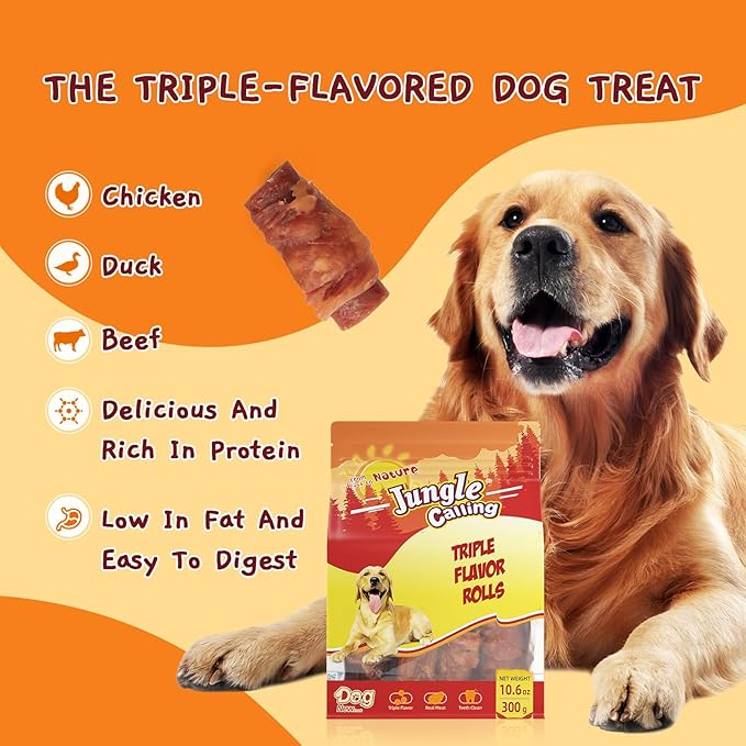 Jungle Calling Triple Flavor Rolls Dog Treats, Made with Real Chicken Duck Beef Meat, Rawhide Free Dogs Snacks,Healthy, Easily Digestible, and High Protein Treat, 10.6 oz