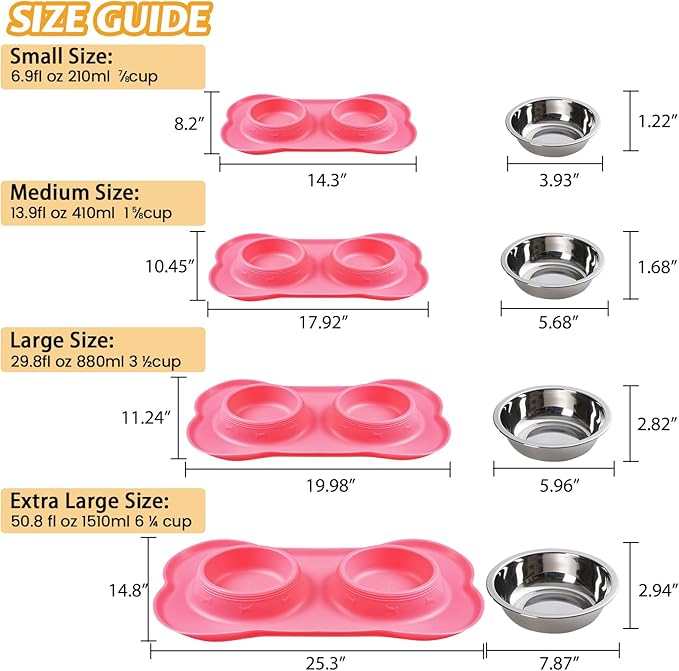 Hubulk Pet Dog Bowls 2 Stainless Steel Dog Bowl with No Spill Non-Skid Silicone Mat + Pet Food Scoop Water and Food Feeder Bowls for Feeding Small Medium Large Dogs Cats Puppies (M, Pink)