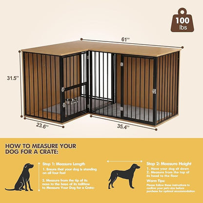 Dog Crate Furniture for 2 Dogs, Corner Heavy Duty Double Dog Kennel Furniture with Divider, Indoor Wooden Dogs Crate Large Breed (Black)
